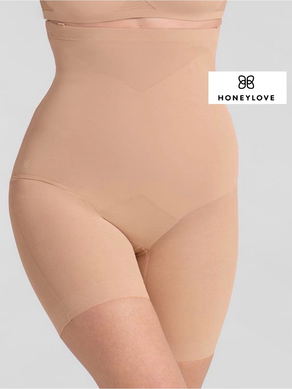 Honeylove High-Waist Nude Shaping Shorts – Light Beige with pee hole.